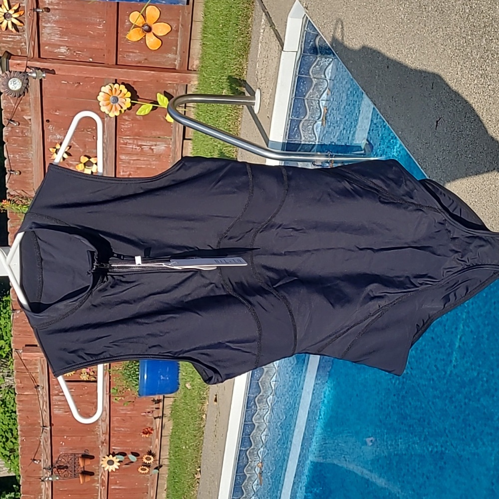 New with tags! LafyKoly Womens Medium one piece black zip up swim suit